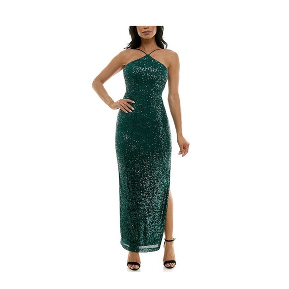 Violet Weekend Halter Neck Sequin Dress- Emerald - Picture 2 of 7